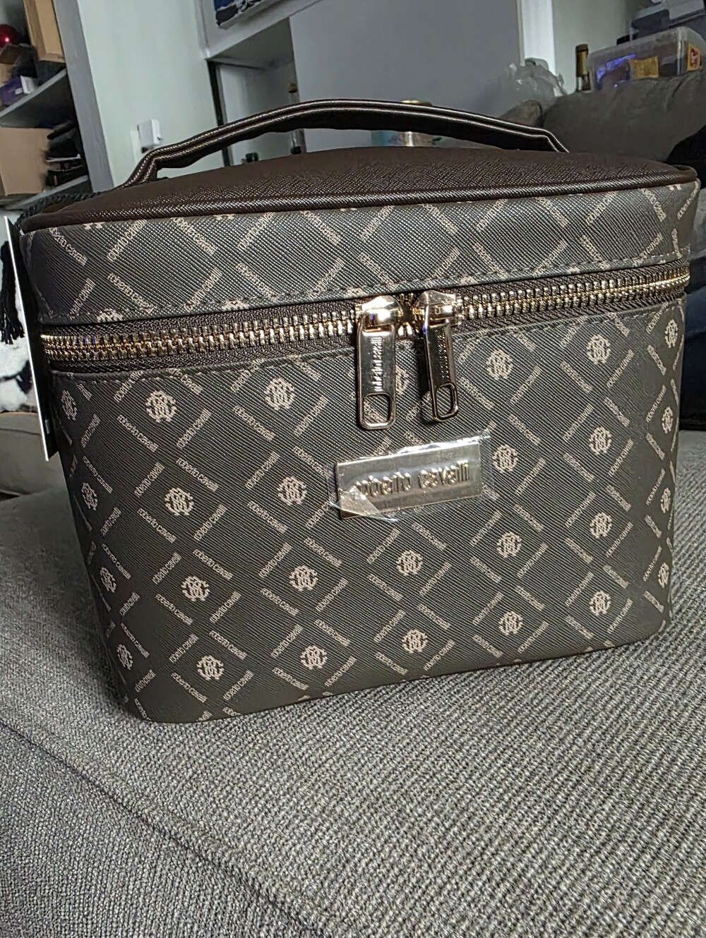 Roberto Cavalli Monogram Vanity Train Case In Brown & Gold-toned